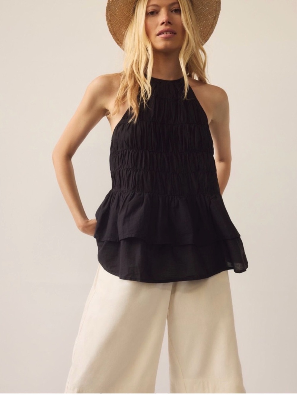 Black Smocked Halter Tiered Women’s Top